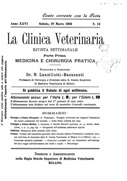 La clinica veterinaria rivista di medicina e chirurgia pratica degli animali domestici