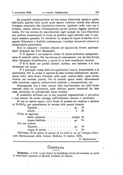 La clinica veterinaria rivista di medicina e chirurgia pratica degli animali domestici