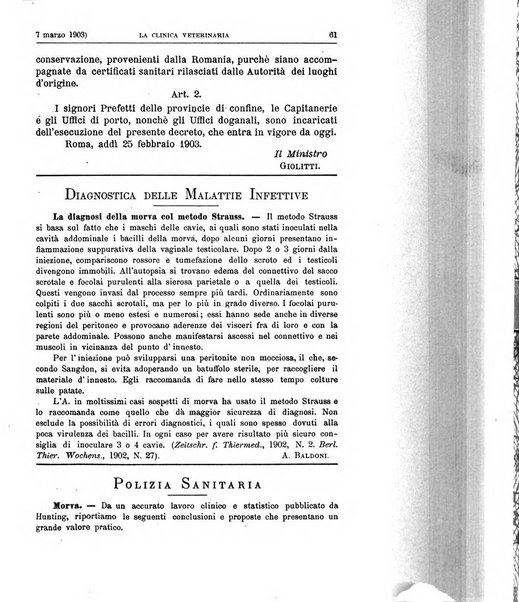 La clinica veterinaria rivista di medicina e chirurgia pratica degli animali domestici