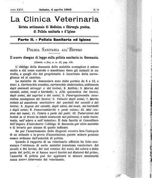 La clinica veterinaria rivista di medicina e chirurgia pratica degli animali domestici