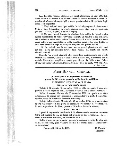 La clinica veterinaria rivista di medicina e chirurgia pratica degli animali domestici