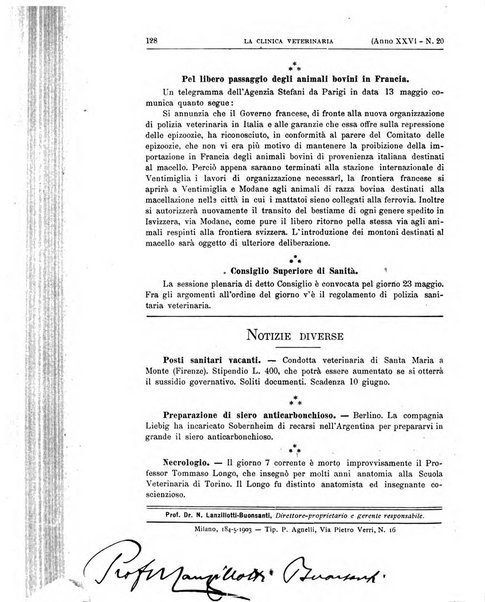 La clinica veterinaria rivista di medicina e chirurgia pratica degli animali domestici