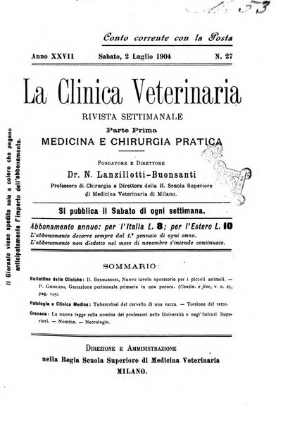 La clinica veterinaria rivista di medicina e chirurgia pratica degli animali domestici