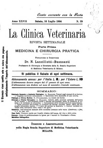 La clinica veterinaria rivista di medicina e chirurgia pratica degli animali domestici