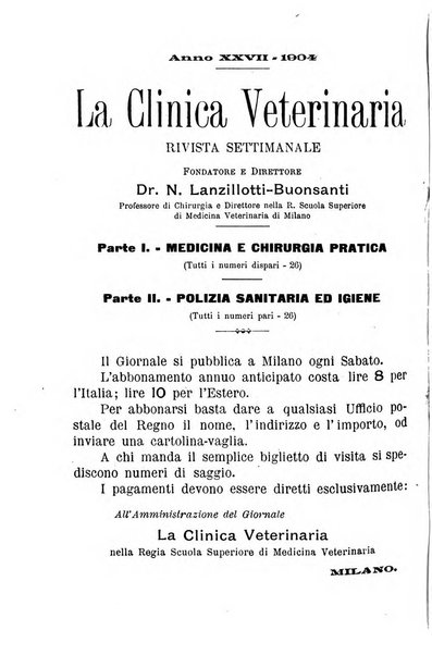 La clinica veterinaria rivista di medicina e chirurgia pratica degli animali domestici