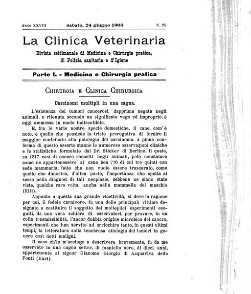 La clinica veterinaria rivista di medicina e chirurgia pratica degli animali domestici