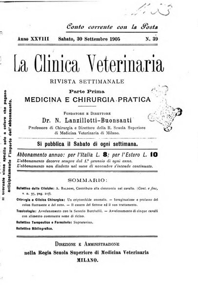 La clinica veterinaria rivista di medicina e chirurgia pratica degli animali domestici