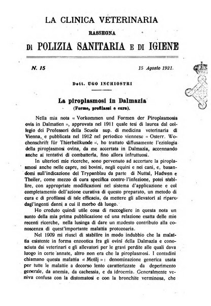 La clinica veterinaria rivista di medicina e chirurgia pratica degli animali domestici