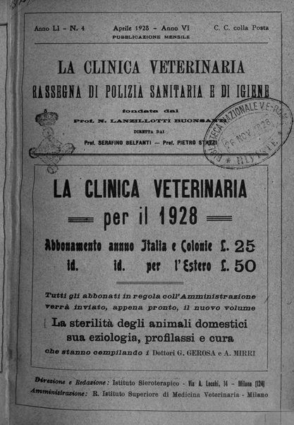 La clinica veterinaria rivista di medicina e chirurgia pratica degli animali domestici