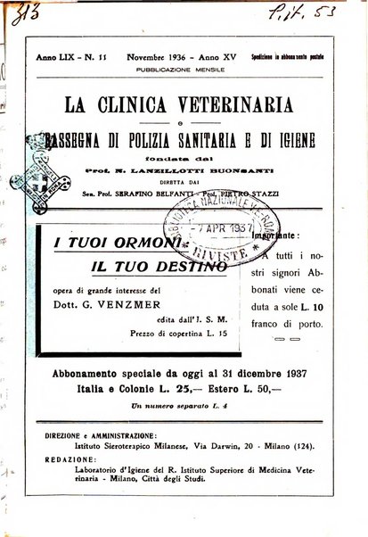 La clinica veterinaria rivista di medicina e chirurgia pratica degli animali domestici