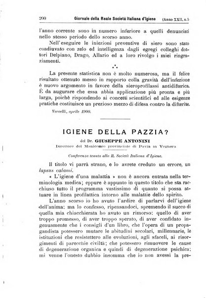 Giornale della Società italiana d'igiene