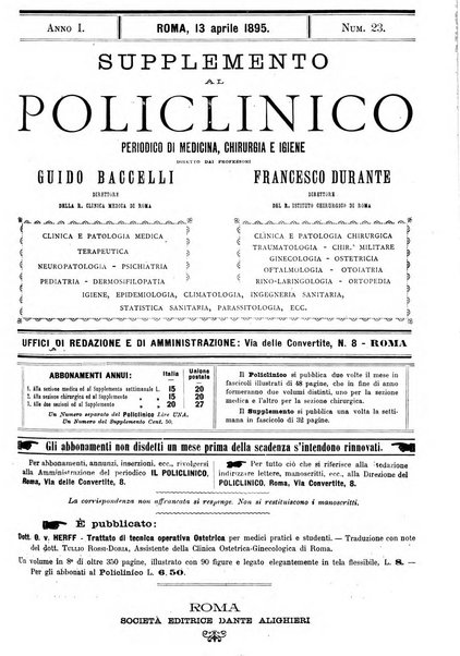 Supplemento al policlinico periodico di medicina, chirurgia ed igiene