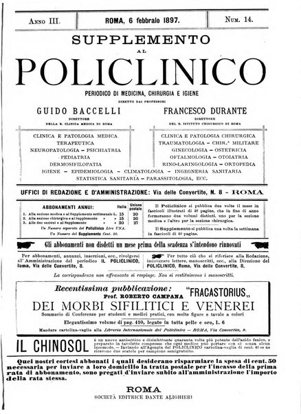 Supplemento al policlinico periodico di medicina, chirurgia ed igiene