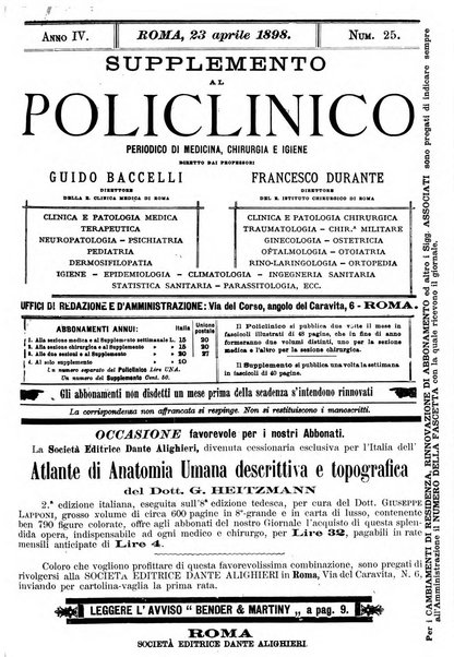 Supplemento al policlinico periodico di medicina, chirurgia ed igiene