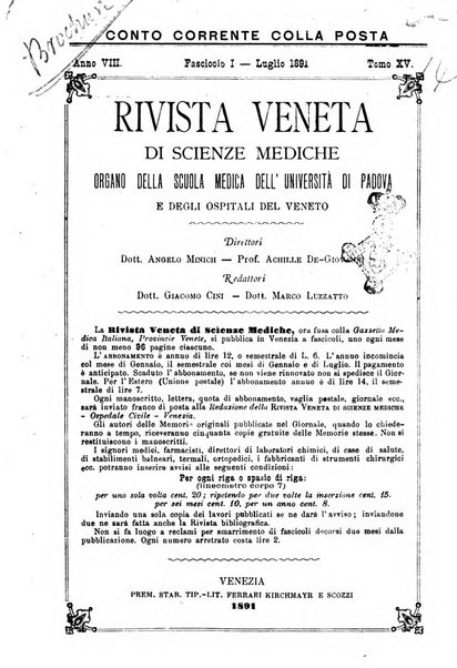 Rivista veneta di scienze mediche organo della Scuola medica dell'Universita di Padova e degli ospitali del Veneto