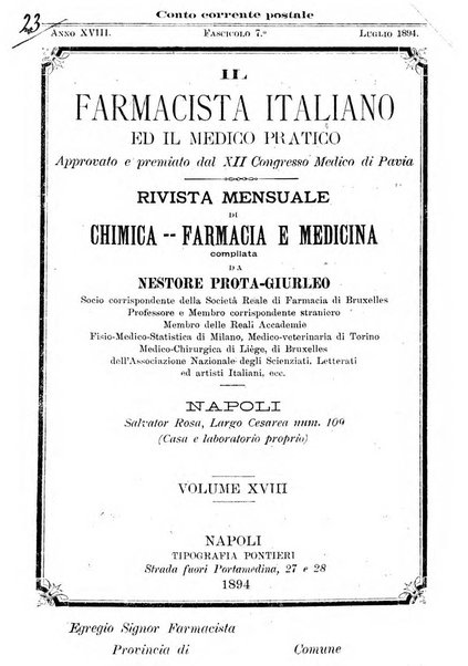 Il farmacista italiano ed il medico pratico rivista mensile di scoverte chimico farmaceutiche e mediche ...