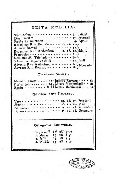 Ephemerides astronomicae. Anni...ad meridianum mediolanensem