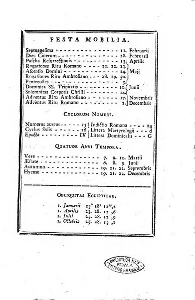 Ephemerides astronomicae. Anni...ad meridianum mediolanensem