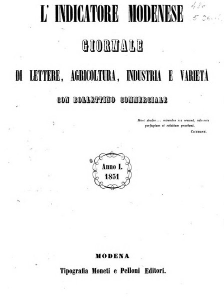 L'indicatore modenese giornale di lettere, industria e varieta con bollettino commerciale