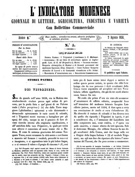 L'indicatore modenese giornale di lettere, industria e varieta con bollettino commerciale