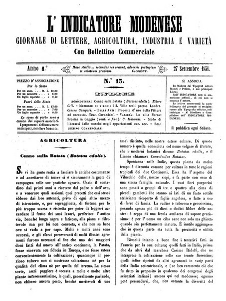 L'indicatore modenese giornale di lettere, industria e varieta con bollettino commerciale