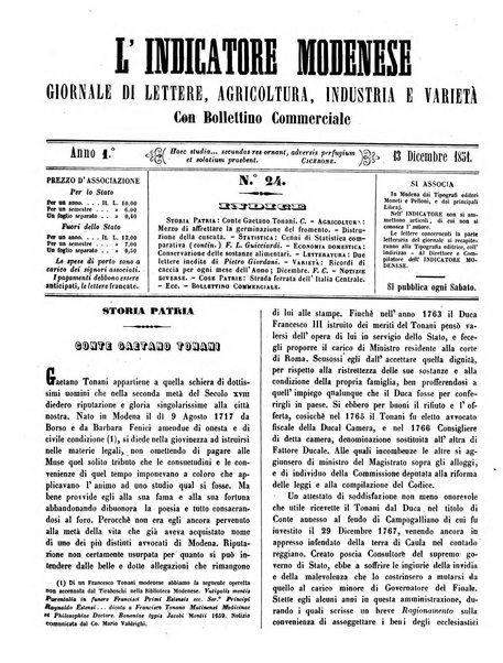 L'indicatore modenese giornale di lettere, industria e varieta con bollettino commerciale