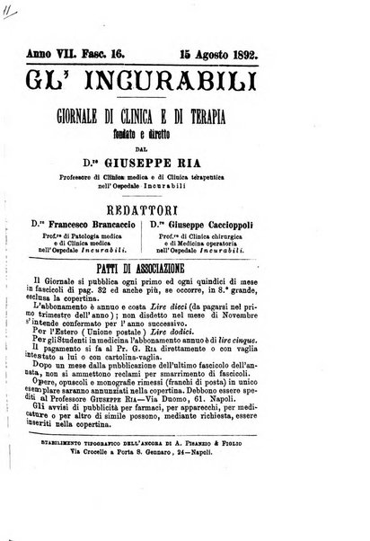 Gl'Incurabili giornale di medicina e chirurgia