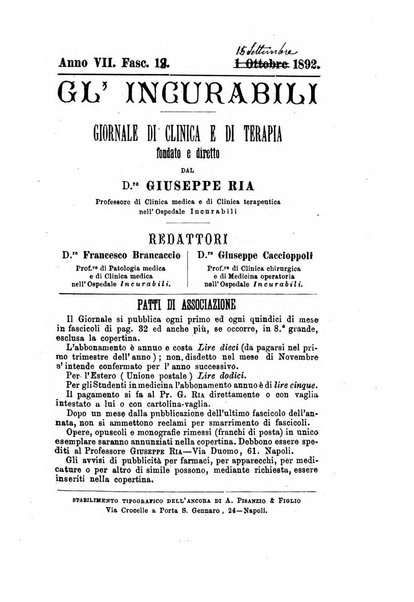 Gl'Incurabili giornale di medicina e chirurgia