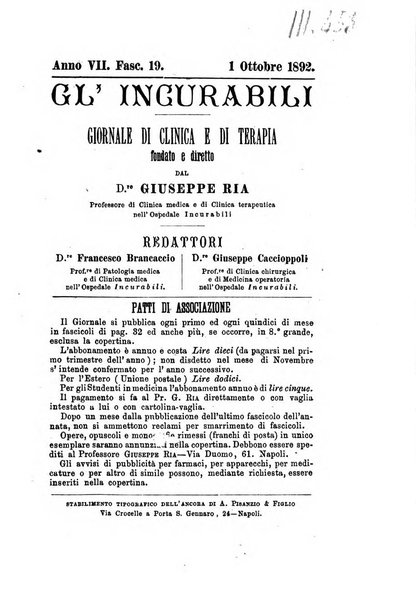 Gl'Incurabili giornale di medicina e chirurgia