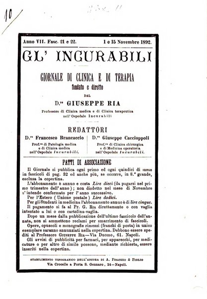 Gl'Incurabili giornale di medicina e chirurgia