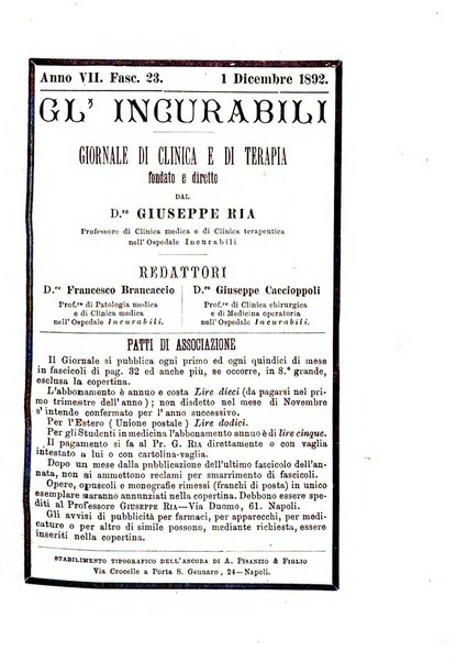 Gl'Incurabili giornale di medicina e chirurgia