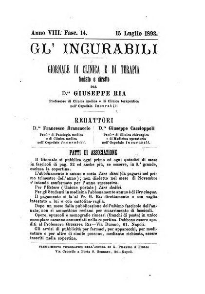 Gl'Incurabili giornale di medicina e chirurgia