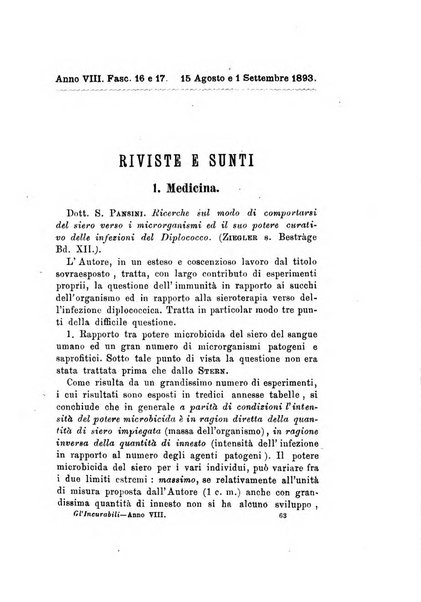 Gl'Incurabili giornale di medicina e chirurgia