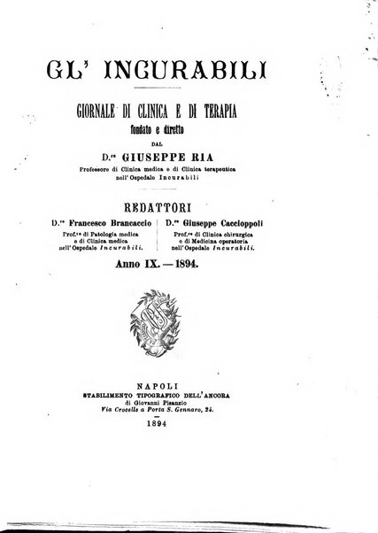 Gl'Incurabili giornale di medicina e chirurgia