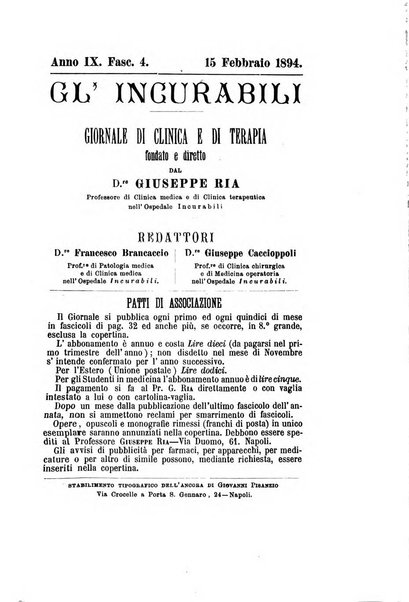 Gl'Incurabili giornale di medicina e chirurgia