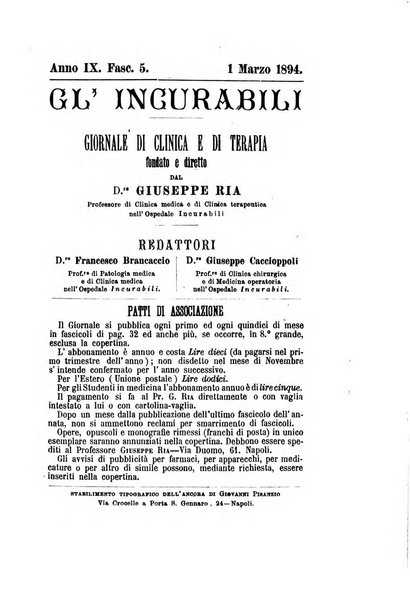 Gl'Incurabili giornale di medicina e chirurgia