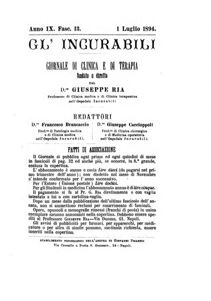 Gl'Incurabili giornale di medicina e chirurgia