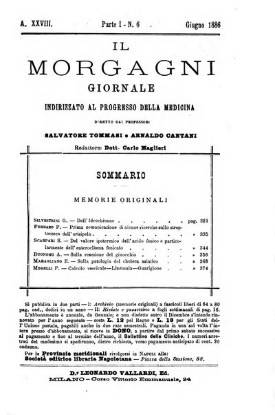 Il morgagni giornale indirizzato al progresso della medicina. Parte 1., Archivio o Memorie originali