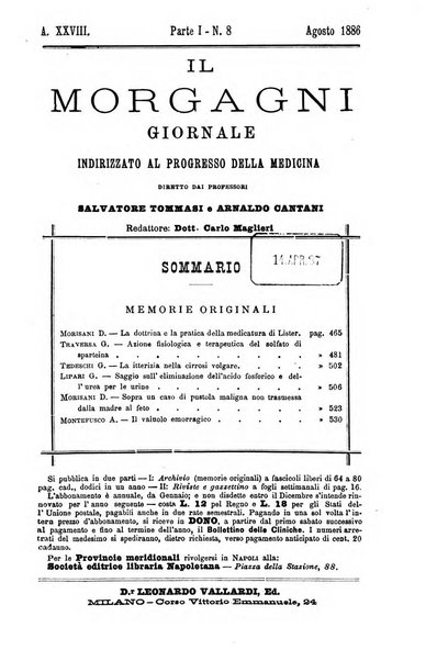 Il morgagni giornale indirizzato al progresso della medicina. Parte 1., Archivio o Memorie originali