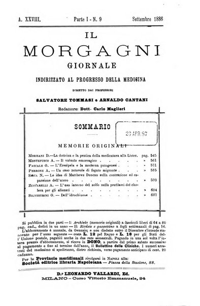 Il morgagni giornale indirizzato al progresso della medicina. Parte 1., Archivio o Memorie originali