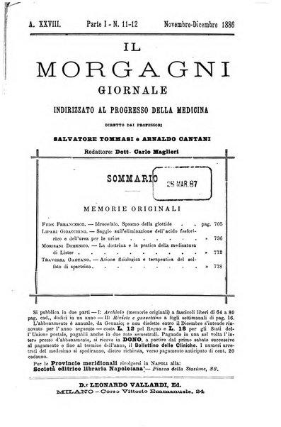 Il morgagni giornale indirizzato al progresso della medicina. Parte 1., Archivio o Memorie originali