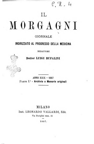 Il morgagni giornale indirizzato al progresso della medicina. Parte 1., Archivio o Memorie originali