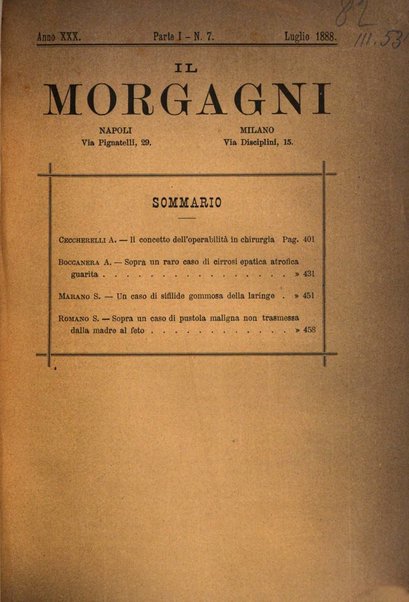 Il morgagni giornale indirizzato al progresso della medicina. Parte 1., Archivio o Memorie originali