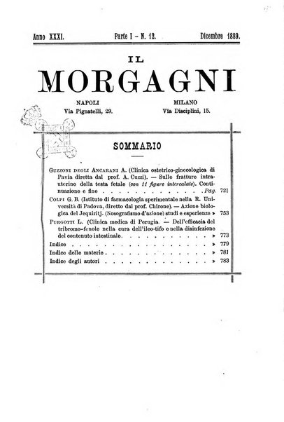 Il morgagni giornale indirizzato al progresso della medicina. Parte 1., Archivio o Memorie originali