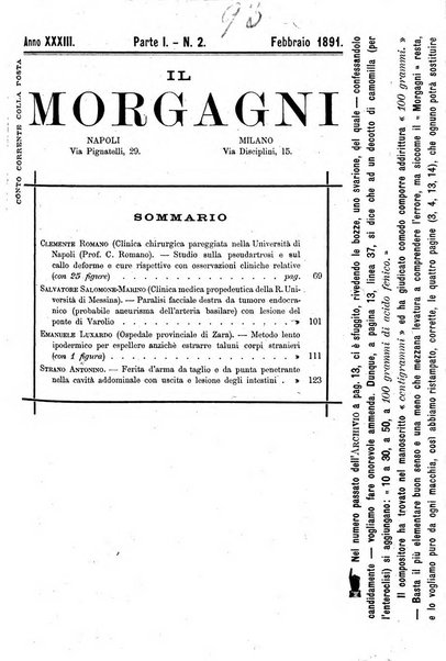 Il morgagni giornale indirizzato al progresso della medicina. Parte 1., Archivio o Memorie originali