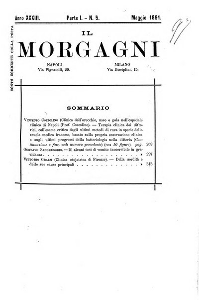 Il morgagni giornale indirizzato al progresso della medicina. Parte 1., Archivio o Memorie originali