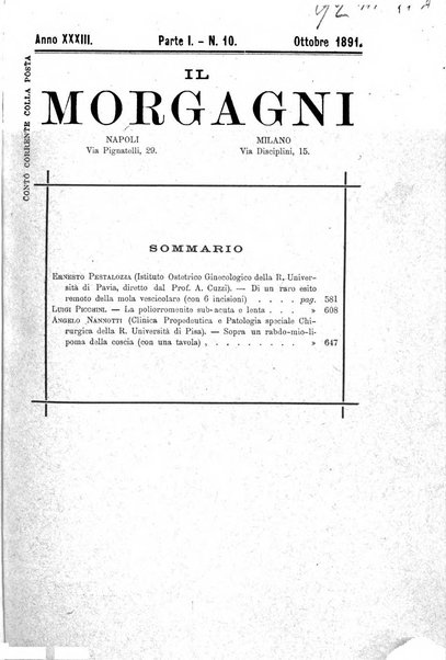 Il morgagni giornale indirizzato al progresso della medicina. Parte 1., Archivio o Memorie originali