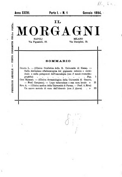 Il morgagni giornale indirizzato al progresso della medicina. Parte 1., Archivio o Memorie originali