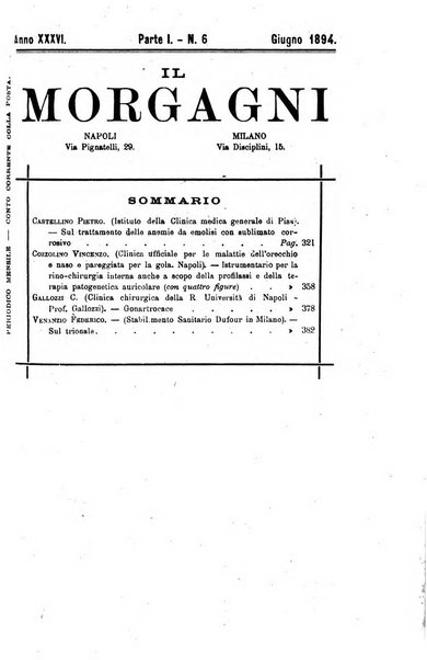 Il morgagni giornale indirizzato al progresso della medicina. Parte 1., Archivio o Memorie originali