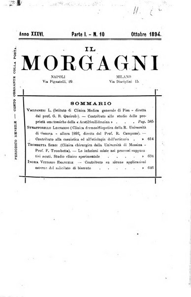 Il morgagni giornale indirizzato al progresso della medicina. Parte 1., Archivio o Memorie originali